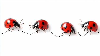 Four ladybugs crawl in a dotted line on white background