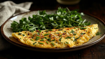 Fluffy omelet with herbs and side greens on a ceramic plate, rustic setting