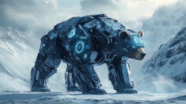 Cybernetic bear, futuristic, snowy mountain