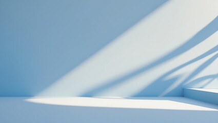 Minimalist blue interior scene with natural sunlight and shadow for presentation backgrounds