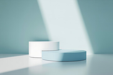Minimalist product display featuring white cylinder and light blue platform in soft light against light blue background