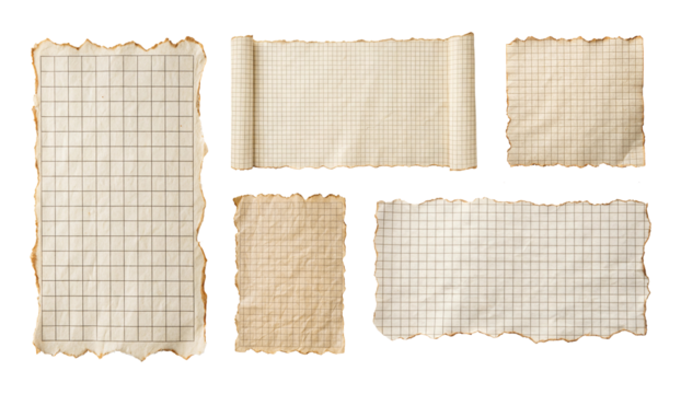 Collection of vintage graph paper sheets with torn edges isolated on black background for design elements