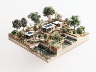 Obraz premium A technical diagram of the village's drought-resistant infrastructure, showing underground reservoirs, protective structures, and solar-powered pumps in the context of a modern lifestyle.