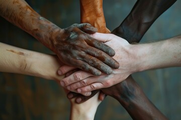 A group of people with different skin colors are holding hands in a circle