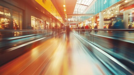 Fototapeta premium A bustling shopping mall scene captured in motion, showcasing vibrant colors and busy foot traffic, evoking a sense of energy and urban life in modern retail spaces.