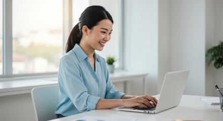 Professional woman working on laptop in modern office setting