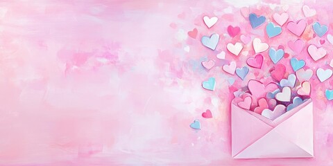 Pastel-colored hearts spilling from a pink envelope on a soft pink background