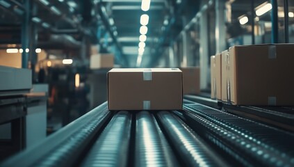 Cardboard box on a conveyor belt in a factory