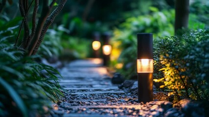 Illuminated garden pathway with modern lighting fixtures and natural ambiance