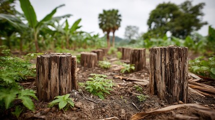 Row of weathered stumps in rural landscape