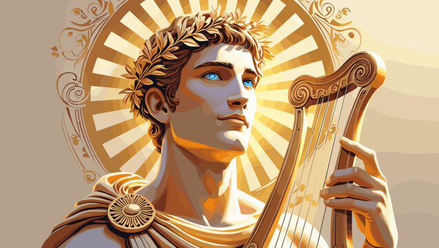 Stylized ancient Greek god Apollo with laurel crown and lyre in a radiant setting with copy space