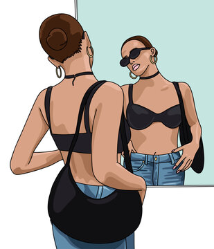 Woman Wearing Jeans Sunglasses and a Bra Reflected in Big Mirror 
