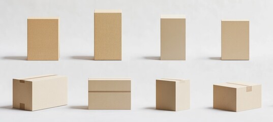 Nine beige cardboard boxes in various orientations