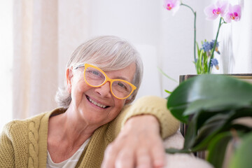 Fototapeta na wymiar Portrait of attractive smiling Senior Woman with yellow glasses looking at camera sitting Indoors in cozy sofa having a relaxing moments