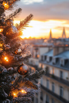 paris tree ornaments sunset cityscape snow