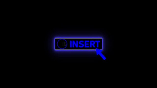 Glowing neon blue color white text cursor animation. design is insert button vector sign, symbol, pointing towards download button in looping with transparent background.