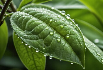 Vibrant green leaf adorned with crystal-clear water droplets, reflecting light beautifully, a close-up of nature's purity.