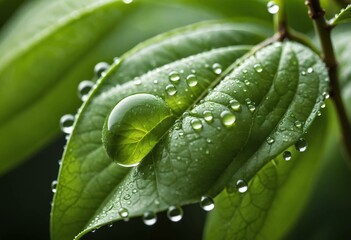 Fresh green leaf texture highlighted by glistening raindrops or morning dew, a beautiful natural botanical close-up.