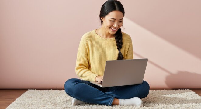 Happy young woman relaxed at home using laptop for online shopping and communication