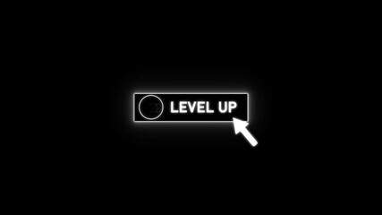 Glowing neon blue color white text cursor animation pointing towards level up button in looping with transparent background. - Powered by Adobe
