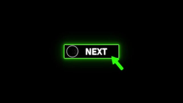 Glowing neon red color white text cursor animation pointing towards next button in looping with transparent background.