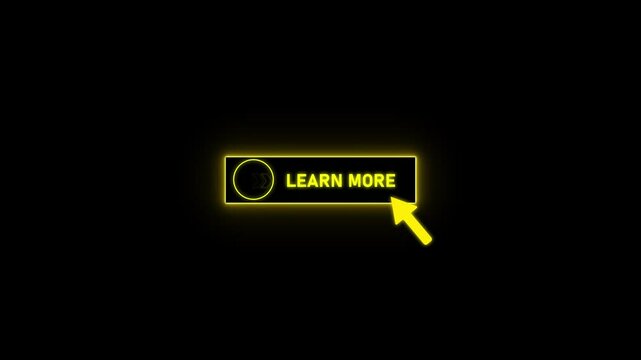 Glowing neon red color white text cursor animation pointing towards learn more button in looping with transparent background.