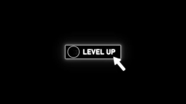 Glowing neon blue color white text cursor animation pointing towards level up button in looping with transparent background.