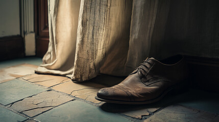 An expressive depiction of timeless footwear: brown leather oxford & boot collection in the jeansport aviation center scene.