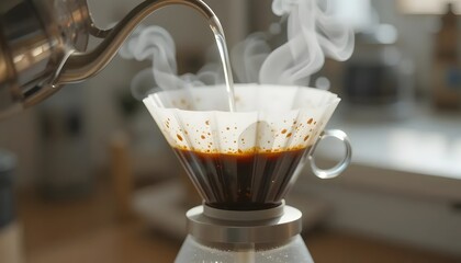 Pour-over coffee brewing in progress, hot water streaming through filter, close-up, with steam and subtle reflections, modern minimal kitchen setup
