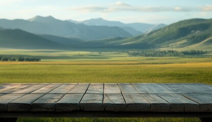 Rustic wooden table on a grassy plain, mountains in the background