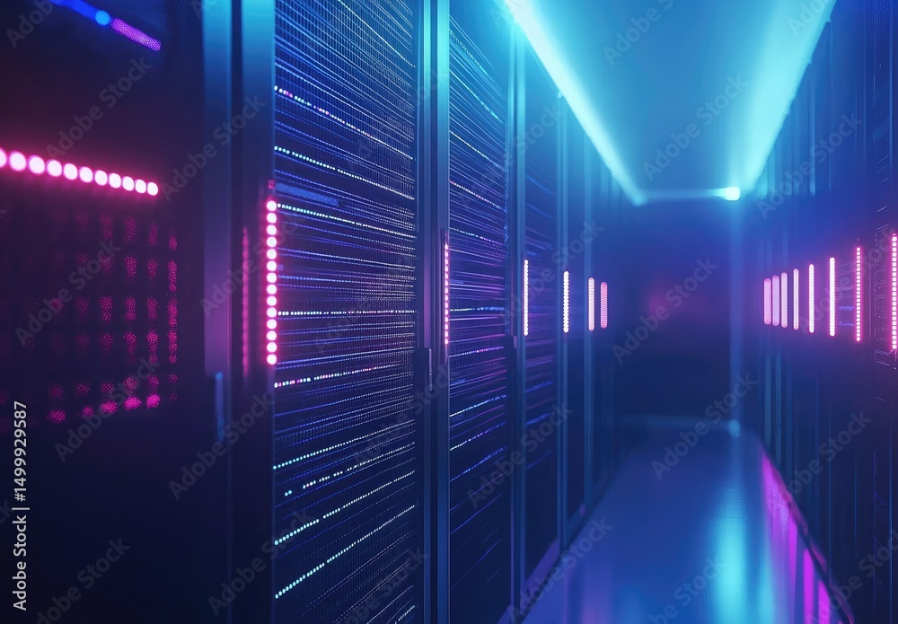 Leinwandbilder high-tech server corridor illuminated with vivid pink and blue leds, reflecting off the glossy floor