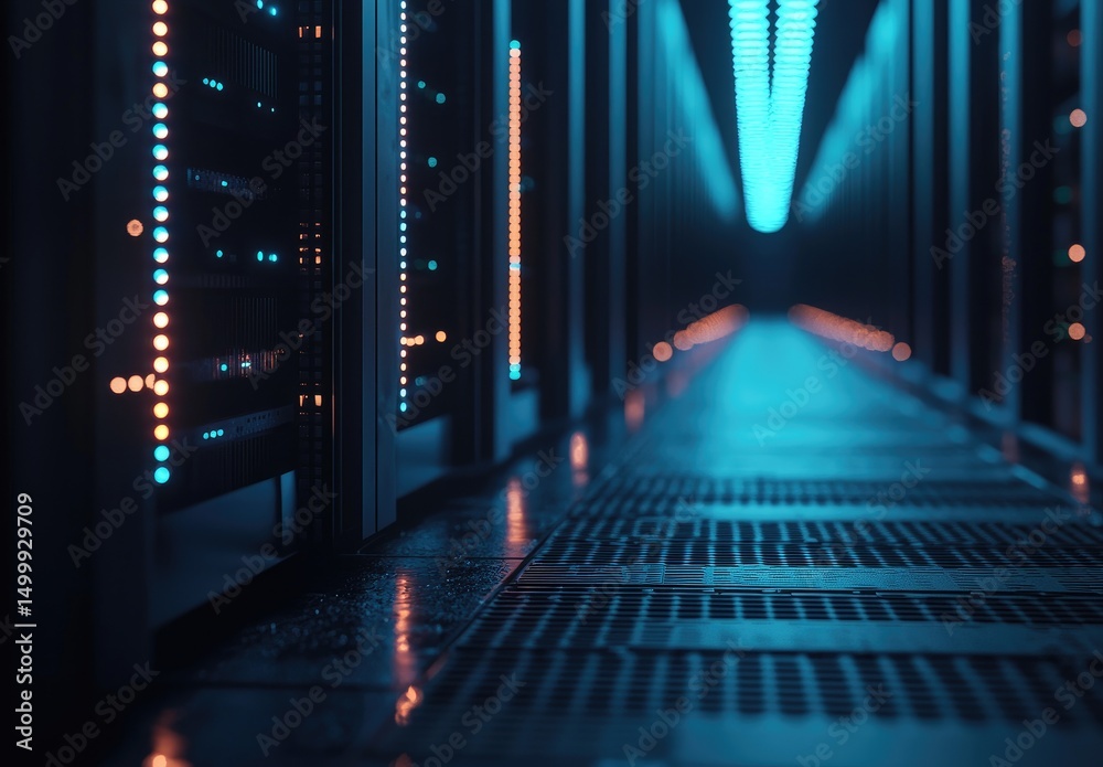 Poster Dimly lit data center corridor lined with illuminated server racks and a glowing blue ceiling light path, perfect for illustrating cyber technology, IT infrastructure, and cloud computing