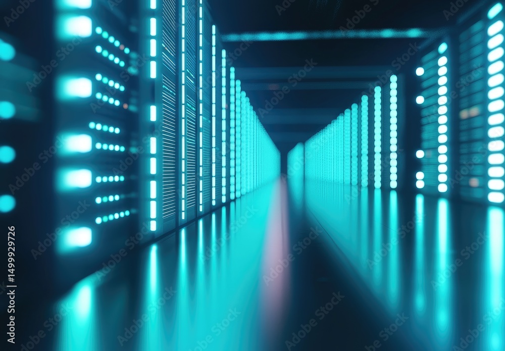 Leinwandbilder Bright cyan-lit server corridor with sleek glowing racks reflecting on the floor, ideal for futuristic themes in cloud computing, AI infrastructure, and digital technology visuals