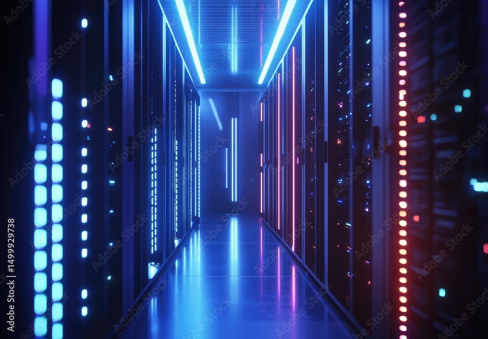 Poster neon-lit futuristic server hallway with alternating blue and red led panels reflecting off the floor