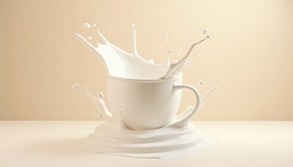 Milk Splashing Dynamically From White Mug On Cream Backdrop:  A Creamy Display Of Purity And Energy, Highlighting The Beauty Of A Moment Suspended In Time.