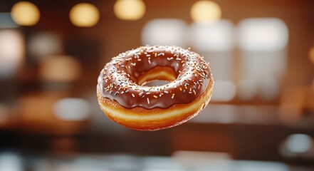 Flying chocolate glazed donut, blurred cafe background