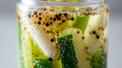Cucumber Spears Pickling in Glass Jar with Floating Spices, Herbs, and Bubbles in Clear Brine
