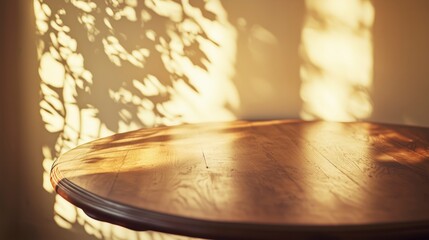 Rustic wooden table with sunlight and leaf shadows on wall in warm cozy interior