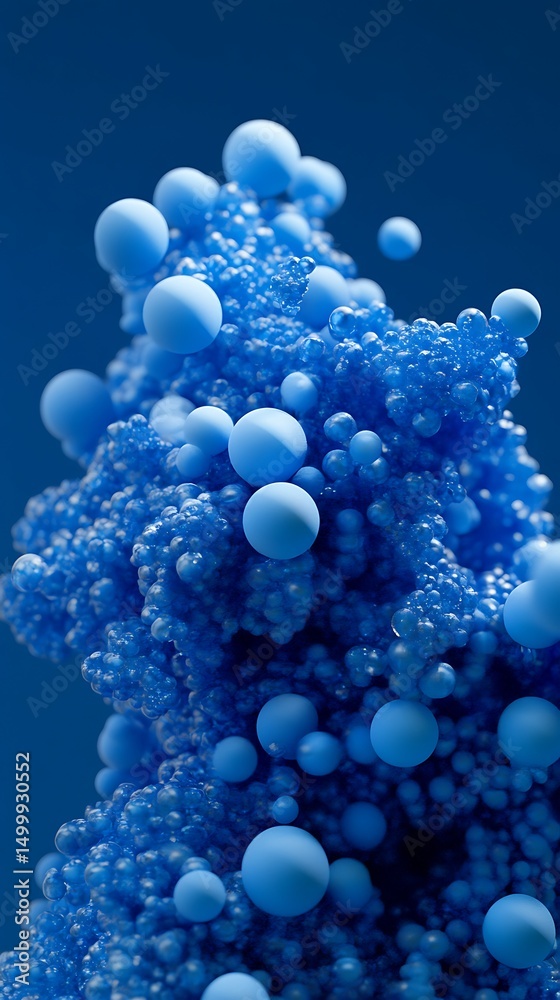 Poster abstract 3d blue spheres cascade, fractal like structure on blue background with detailed texture