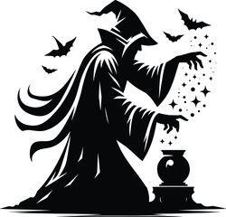Mysterious wizard doing magic silhouette Vector Illustration isolated on a white background