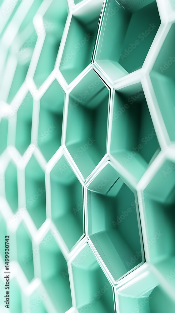Poster abstract hexagon structure in green and white, geometric honeycomb pattern design