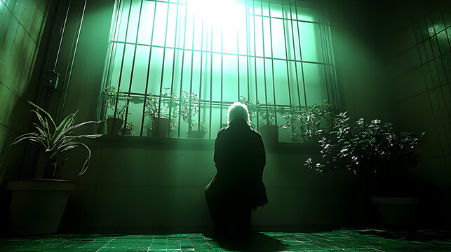 Solitary figure in verdant space, illuminated by ethereal light through gridded window