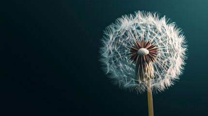 Dandelion flower head on dark green background with copy space