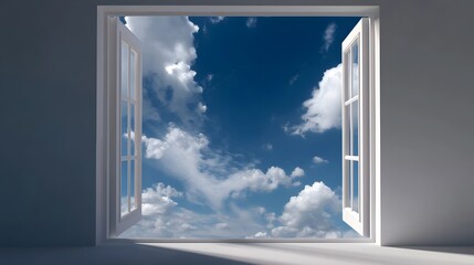 Window opening to a serene blue sky and clouds