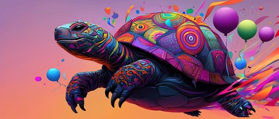 A vibrant, psychedelic tortoise soars through a whimsical dreamscape, adorned with balloons and swirling patterns