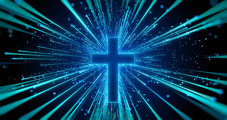 Cross with lights and particles on blue. Easter, resurrection, new life, church background