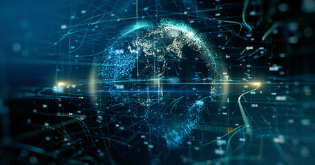 Luminous earth with particles and lines moving around it on blue