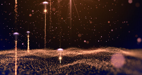 Magical particles rising from light waves on golden background used for nature or inspirational video projects, presentations, commercials