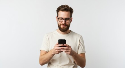 Casual young man engaged with smartphone technology in minimalist style