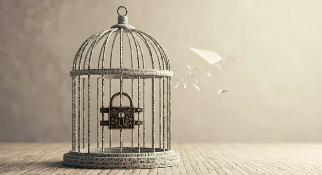 Locked birdcage made of rules, with a paper bird flying out between the bars, visualizing escape through inventive thinking